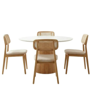 Conjunto com 4 Cadeiras Bari 102 1,20m de Diâmetro Com Vidro Off White
