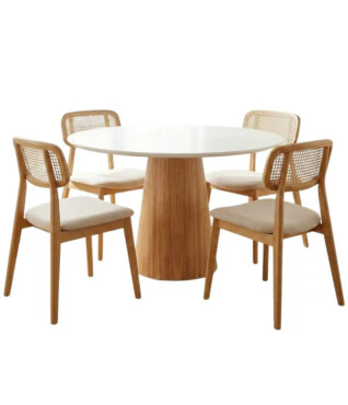 Conjunto com 4 Cadeiras Bari 102 1,20m de Diâmetro Com Vidro Off White