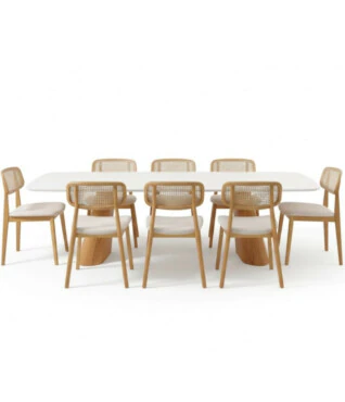 Conjunto com 8 Cadeiras Bari 102 2,20m x 1,10m Com Vidro Off White