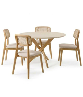 Conjunto com 4 Cadeiras Bari 102, Mesa Lisboa 1,20m de Diâmetro Com Vidro Off White