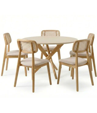 Conjunto com 5 Cadeiras Bari 102, Mesa Lisboa 1,35m de Diâmetro Com Vidro Off White