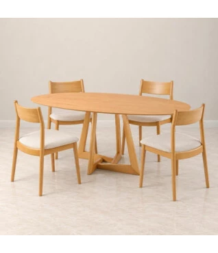 conjunto mesa cecilia oval com 4 cadeiras blend 03 e tampo revestido em lamina de madeira