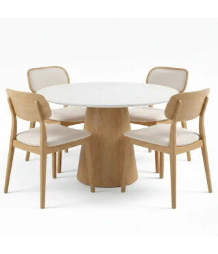 Conjunto com 4 Cadeiras Bari 101 1,20m de Diâmetro Com Vidro Off White