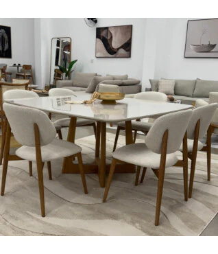 Mesa de Jantar Ane 1,35m x 1,35m Com Vidro Off White