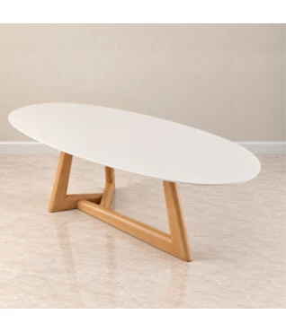 mesa blend oval para sala de jantar com base em madeira maciça e tampo off white moderna pra 6 ou 8 lugares
