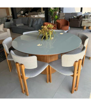 Mesa de Jantar Ravena Redonda Laqueada com Vidro Off White