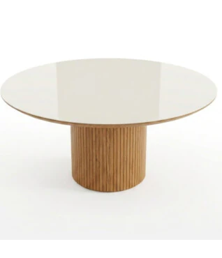 Mesa de Jantar Ravena Redonda Laqueada com Vidro Off White