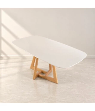 mesa com base em madeira maciça e tampo laqueado com vidro off white