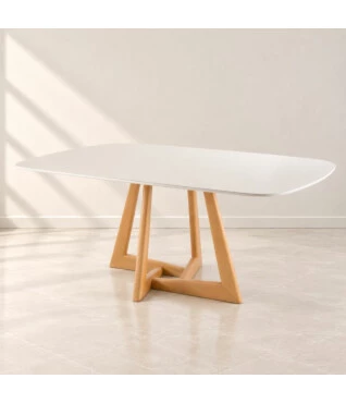mesa com base em madeira maciça e tampo laqueado com vidro off white